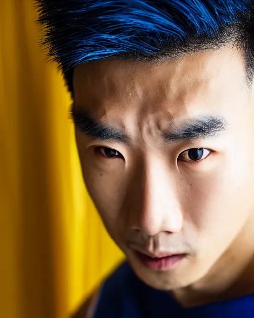 Image similar to gold, blue, hyper realistic photo of an asian male, 8 k, 8 5 mm f 1. 8