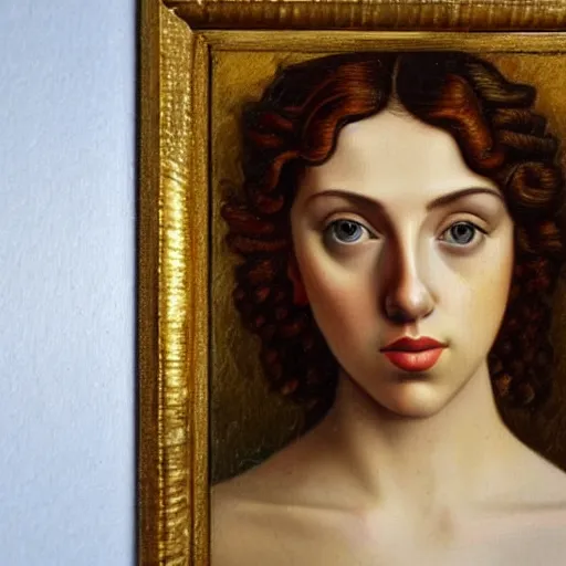 Image similar to a detailed profile portrait oil painting of a very young italian woman resembling scarlett johansson and ana de armas, in the style of boticelli's young woman in mythological guise, by boticelli and davinci