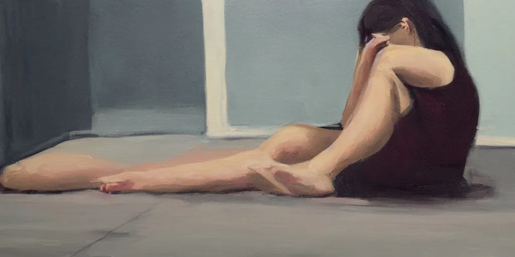 Prompt: painting of sad woman, alone, lying on the floor of a bathroom