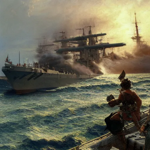 Prompt: detailed cinematic wide shot of swedish sea captain back view seeing his world war 2 battle ship attacking coastal city, ultra realistic, spring light, painting by gaston bussiere, craig mullins, j. c. leyendecker