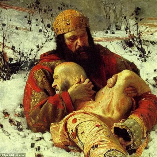 Image similar to anguish and remorse on the face of ivan the terrible while he is cradling his dying adult son ivan, painting by ilya repin, extremely detailed, oil on canvas