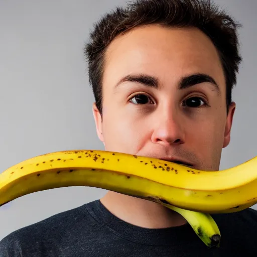 Image similar to flash photography of a high guy staring intently at a banana