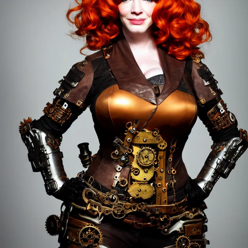 Image similar to full body photograph of christina hendricks as a steampunk warrior, extremely detailed. dslr. 8 5 mm.