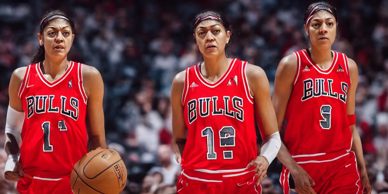 Image similar to candace parker in bulls jersey, high contrast, high saturation cinematic film still