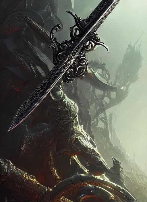 Image similar to legendary sword of technology, intricate black and iridescent blade, ornate gothic baroque spikes, glowing handle, detailed realistic, ray tracing, colored gems, art by greg rutkowski