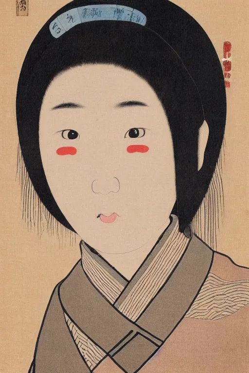 Image similar to native japanese woman with partially masked face, painted by wang neng jun