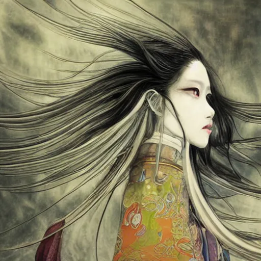 Image similar to yoshitaka amano blurred and dreamy realistic illustration of a japanese woman with black eyes, wavy white hair fluttering in the wind wearing elden ring armor with engraving, abstract patterns in the background, satoshi kon anime, noisy film grain effect, highly detailed, renaissance oil painting, weird portrait angle, blurred lost edges, three quarter view