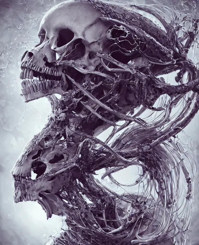 Image similar to close-up macro portrait of the face of a beautiful princess with animal skull mask, epic angle and pose, ribcage bones symmetrical artwork, 3d with depth of field, blurred background, cybernetic jellyfish female face skull phoenix bird, translucent, nautilus, energy flows of water and fire. a highly detailed epic cinematic concept art CG render. made in Maya, Blender and Photoshop, octane render, excellent composition, cinematic dystopian brutalist atmosphere, dynamic dramatic cinematic lighting, aesthetic, very inspirational, arthouse. y Greg Rutkowski, Ilya Kuvshinov, WLOP, Stanley Artgerm Lau, Ruan Jia and Fenghua Zhong