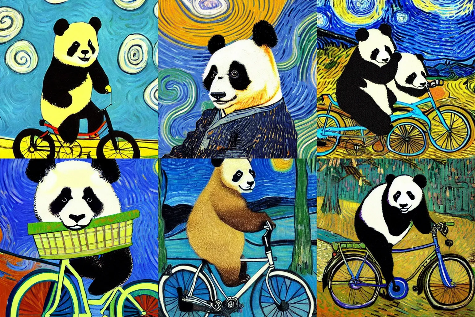 Prompt: a painting of a panda sitting on a bicycle in Van Gogh style, vibrant, high detailed, colorful