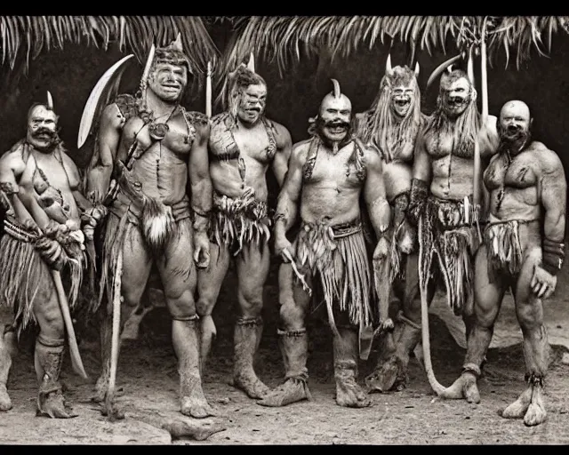 Prompt: group vintage photograph of a real fantasy warrior orc tribe, tall, muscular, sharp fangs and tusks, armored, tribal paint, highly detailed