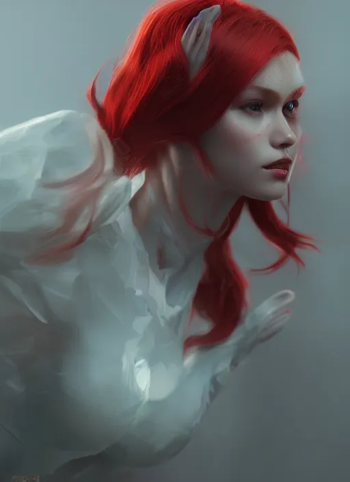 Prompt: a beautiful red - haired girl dressed as a superhero, intricate, elegant, highly detailed, digital painting, artstation, concept art, smooth, sharp focus, illustration, ethereal, misty, by zeen chin and ruan jia, 8 k, octane render