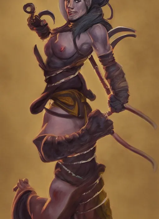 Image similar to a tough female d & d tiefling monk painted by raymond swamland