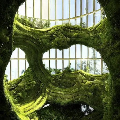 Image similar to a dream about opulent, abandoned overgrown futuristic base on Mars designed by Zaha Hadid, lush plants growing through the glossy floors and walls, walls are covered with moss and vines, beautiful, dusty, golden volumetric light shines through, golden rays fill the space with warmth, rich with epic details, dreamy atmosphere and drama