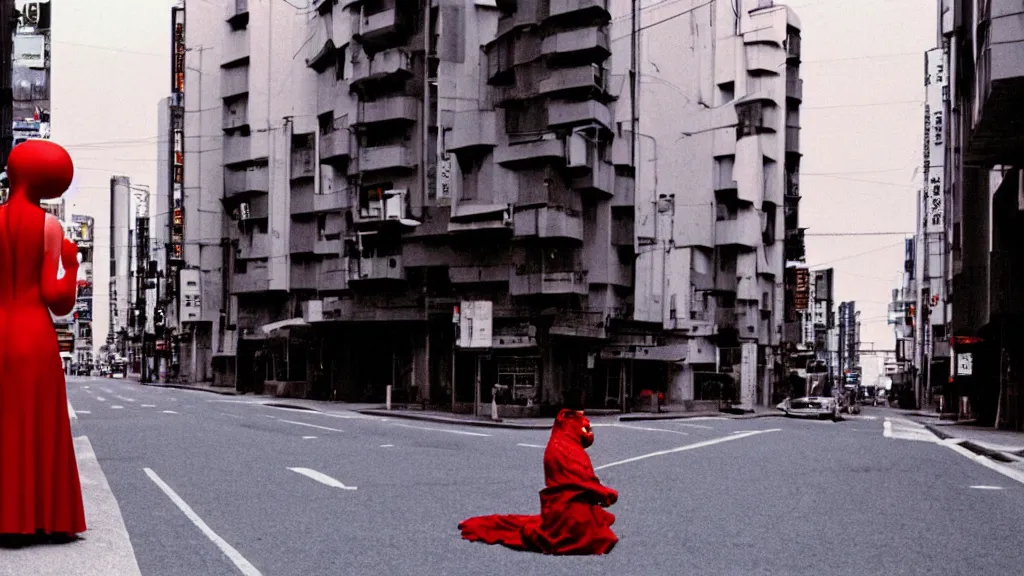 Image similar to a woman in a red dress wearing a red baboon mask standing alone on an empty street in downtown Tokyo , film still from the an anime directed by Katsuhiro Otomo with art direction by Salvador Dalí, wide lens