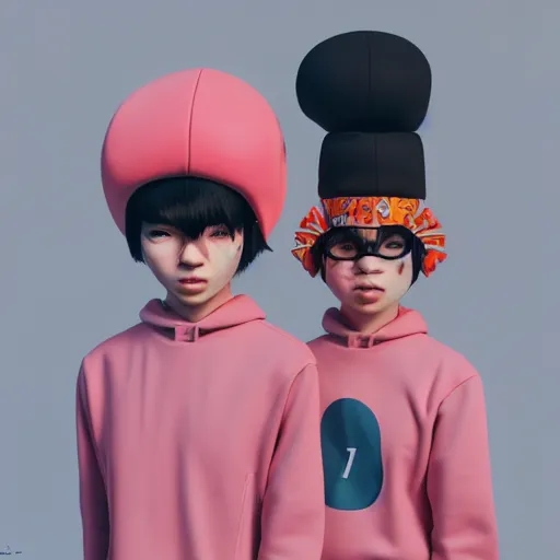 Prompt: bingo bango abstract headpiece on a set of twin ninja hypebeasts, by ilya kuvshinov and james jean and hiroya oku and gilleard james, artstation trending, 8 k, 3 d render, photorealistic, volumetric lighting caustics, pink