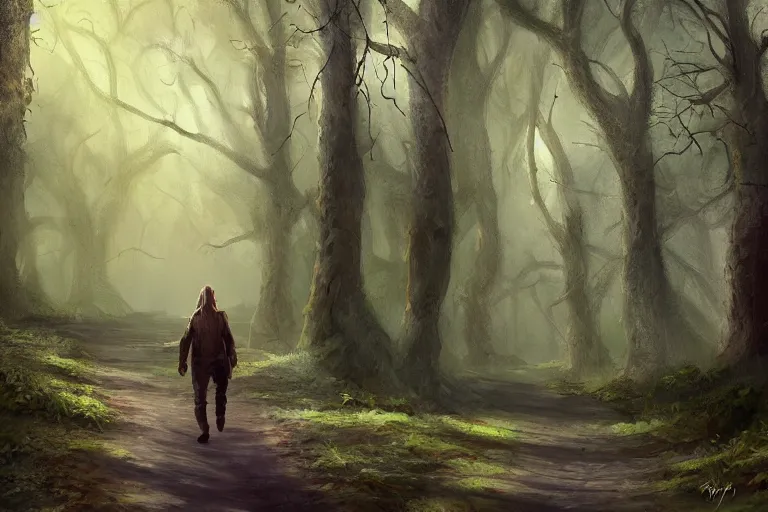 Prompt: concept art mood painting environment painting man walking down winding forest path 7 am early morning lord of the rings. style of ryan church jon mccoy george hull painting