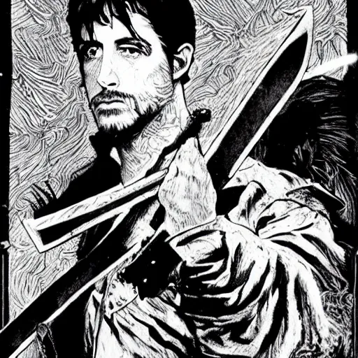 Image similar to pen and ink!!!! attractive 22 year old deus ex Frank Zappa x Ryan Gosling golden!!!! Vagabond!!!! floating magic swordsman!!!! glides through a beautiful battlefield magic the gathering dramatic esoteric!!!!!! pen and ink!!!!! illustrated in high detail!!!!!!!! by Hiroya Oku!!!!!!!!! Written by Wes Anderson graphic novel!!!!!!! published on Cartoon Network MTG!!! 2049 award winning!!!! full body portrait!!!!! action exposition manga panel