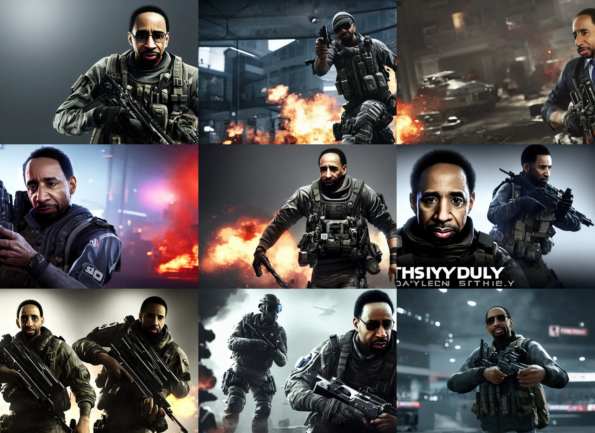 Prompt: stephen a smith in call of duty, ps 4, video game still, action shot, raytracing