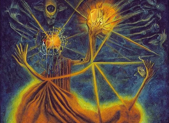 Prompt: a shaman woman holding up the cosmic!!! universe!, by remedios varo, reflection, symbolist!!, psychedelic colors, dramatic!! lighting, smooth, sharp focus, extremely detailed, aesthetically pleasing composition