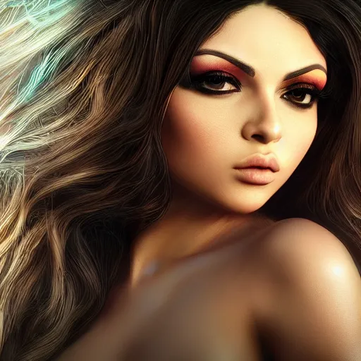 Image similar to portait sensual female haifa wehbe, centred, very long hair, hd, hyperdetailed illustration by irakli nadar, intricate linework, bright colors, octopath traveler, final fantasy, unreal engine 5 highly rendered, global illumination, radiant light