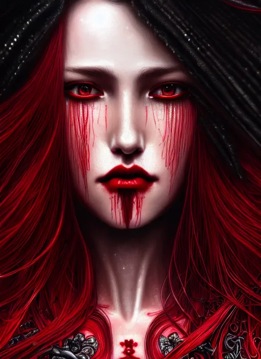 Prompt: a photorealistic detailed close up portrait of a beautiful stoic vampire in glowing ruby armor with flowing hair, black and red only, intricate, elegant, highly detailed, digital painting, artstation, concept art, smooth, sharp focus, illustration, art by hana yata, artem demura, alphonse mucha, octane render, unreal engine, 8 k