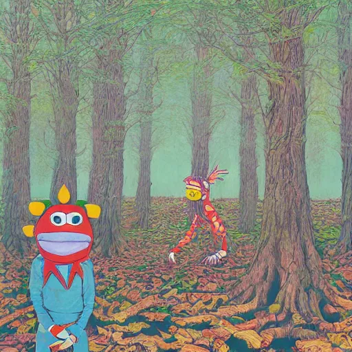 Image similar to safety cones scattered around an oak tree forest, man in muppet sasquatch sri lankan mask costume dancing in the distance, by james jean, miyazaki, hyper detailed surrealist painting