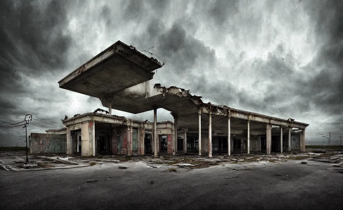 Image similar to epic professional digital art of abandoned italian eni gas station, faint taupe moody atmospheric lighting, painted, intricate, detailed, detailed, foreboding, by leesha hannigan, wayne haag, reyna rochin, ignacio fernandez rios, mark ryden, iris van herpen,, epic, stunning, gorgeous, much wow, cinematic, masterpiece.