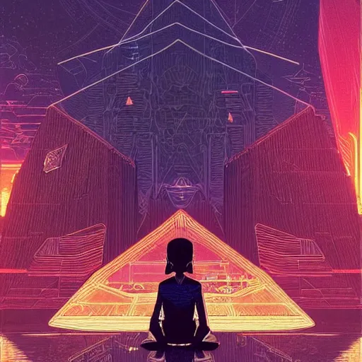 Image similar to Stunningly intricate illustration of a cyberpunk explorer meditating next to a floating triangular glowing monolith, highly detailed, midnight, by Victo Ngai and James Gilleard , Moebius, Laurie Greasley file:///Volumes/1TB_WD/photoshop/bing%20character%20related%20stuff/bing%20-%20logo%20character%20-%20pixelated/BING_COMMISSION%20NO%20BG.png