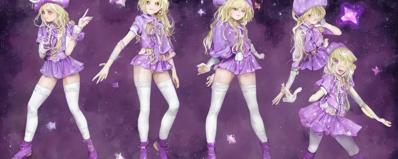 Prompt: A character sheet of a cute magical girl with short blond hair wearing an oversized purple Beret, Purple overall shorts, Short Puffy pants made of silk, pointy jester shoes, a big scarf, and white leggings. Rainbow accessories all over. Flowing fabric. Covered in stars. Short Hair. By Seb McKinnon. By WLOP. By Artgerm. By william-adolphe bouguereau. Fashion Photography. Decora Fashion. harajuku street fashion. Kawaii Design. Intricate. Highly Detailed. Digital Art. Fantasy painting. CGSociety. Sunlit. 4K. UHD. Denoise.