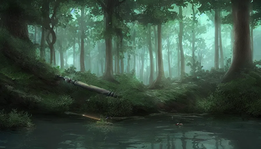 Image similar to sword stuck in a pond island, rainy enchanted forest of the ancients, moody high exposure, digital painting, concept art, photoshop speedpaint