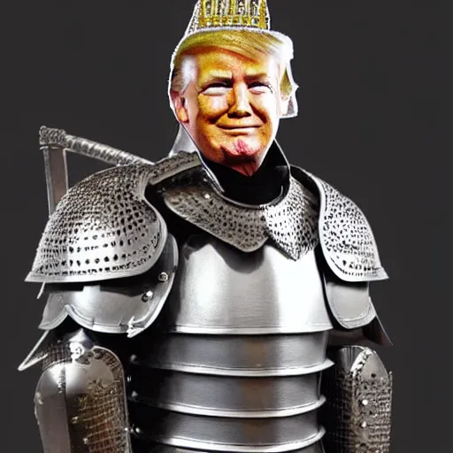 Image similar to full - body - front - shot!!!!!!!, donald trump wearing knight'armor, crown, detailed face of donald trump