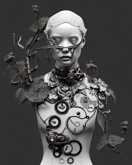 Image similar to monochrome 3 d model, 1 8 7 0 picture, silver mesh floral steampunk biomechanical beautiful young female cyborg with porcelain profile face and a techno eye, volumetric light, leaves foliage and stems, hibiscus flowers, sinuous fine roots, fine foliage lace, alexander mcqueen, rim light, big gothic fashion pearl embroidered collar, octane render, 8 k