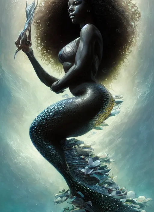 Prompt: Portrait of black mermaid, underwater, white lilies, shells, mirror, marvel comics, intricate, highly detailed, smooth, artstation, digital illustration by julie bell and Ruan Jia and Mandy Jurgens and Artgerm and Wayne Barlowe and Greg Rutkowski and Frank Frazetta