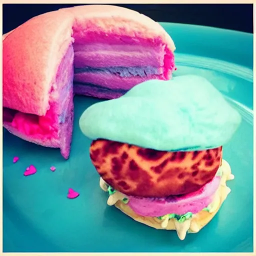 Image similar to a cotton candy burger. cyan and pink.