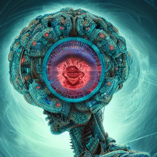 Image similar to Face of a Alien Deity, centered, corals, plume made of geometry, extremly detailed digital painting, sharp focus in the style of android jones, artwork of a futuristic artificial intelligence superstar with frames made of detailed circuits, mystical colors, rim light, beautiful lighting, 8k, stunning scene, raytracing, octane, under water visual distortion, dark tones colors, trending on artstation