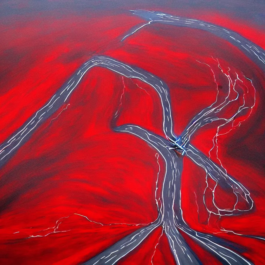 Image similar to painting of highway roads that are like blood arteries leading to the heart's core.