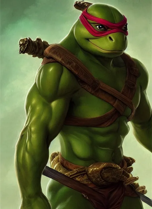 Image similar to portrait of aggressive leonardo from teenage mutant ninja turtle, d & d, muscular! turtle shell in the back!, fantasy, intricate, elegant, highly detailed, green skin!, digital painting, artstation, concept art, smooth, sharp focus, illustration, art by artgerm and greg rutkowski and alphonse mucha