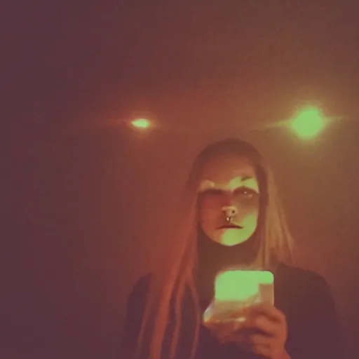 Image similar to a selfie of a woman in a dark room, with a spooky filter applied, in a halloween style.