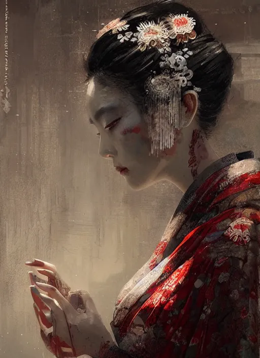 Prompt: female geisha girl, beautiful face, rule of thirds, intricate outfit, spotlight, trypophobia, by greg rutkowski, by jeremy mann