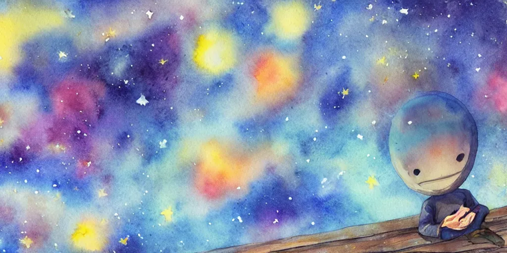 Image similar to a big head alien is watching a small people, background is starry sky, panorama, watercolor painting