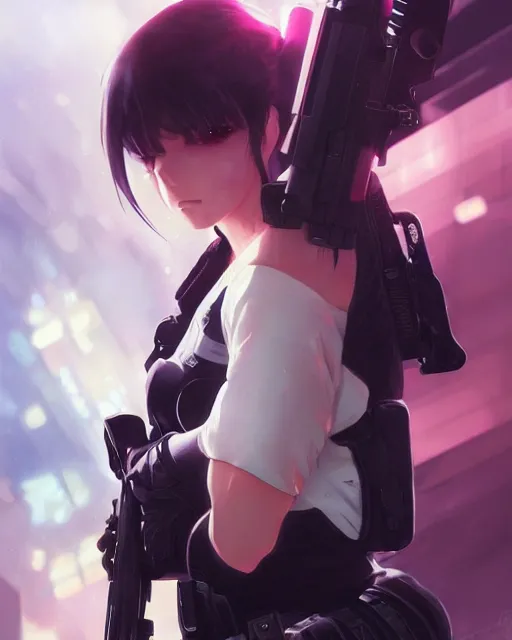 Image similar to anime key visual of a young female swat officer, neon, cyberpunk, futuristic, white top, black vest, stunning, highly detailed, digital painting, artstation, smooth, soft focus, illustration, art by artgerm and greg rutkowski and alphonse mucha