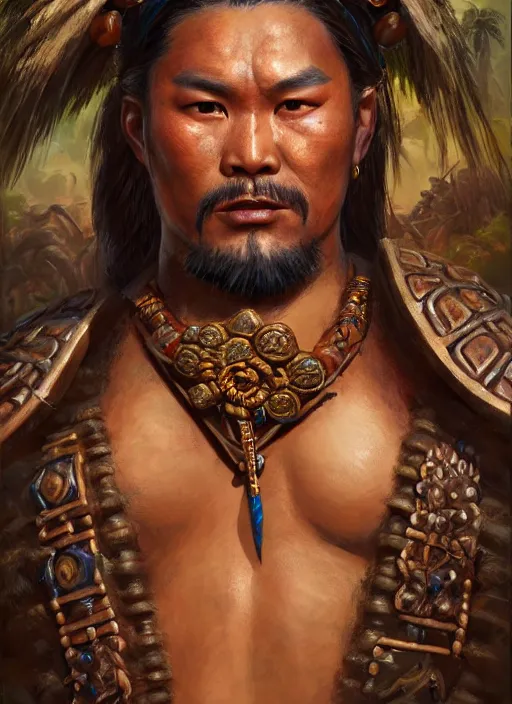 Image similar to tai warlord, closeup portrait, historical, ethnic group, traditional costume, fantasy, intricate, with dong son bronze artifacts, beads cross onbare chest, elegant, loin cloth, highly detailed, oill painting, artstation, concept art, matte, sharp focus, illustration, hearthstone, art by earl norem