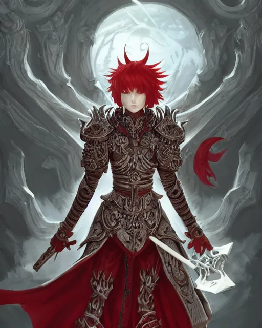 Image similar to mage fighting a shinigami, ivory carved mantle, red hair straight bangs wearing ivory carved bone armor, bone plants, intricate, elegant, highly detailed, digital painting, full body concept art, smooth, ultra wide angle horizon, illustration, art by artgerm, greg rutkowski, ilya kuvshinov