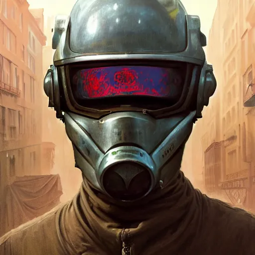 Prompt: a concept art portrait of masked diesel punk helmet on the art deco streets of the big city, artstation, award - winning realistic sci - fi concept art by jim burns and greg rutkowski, beksinski, a realism masterpiece, muted color palette, james gilleard, bruegel, alphonse mucha, and yoshitaka amano