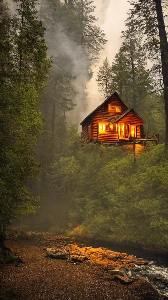 Image similar to small wooden cottage in the forest at night, smoke coming out of the chimney, nocturnal, redwood trees, peaceful, river running past the cottage, a wooden rowing boat, galaxy in the night sky, by stephen king