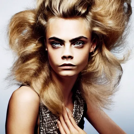 Prompt: photo of a gorgeous 20-year-old Cara Delevingne sky-high bouffant hairstyle by Mario Testino, detailed, head shot, award winning, Sony a7R -