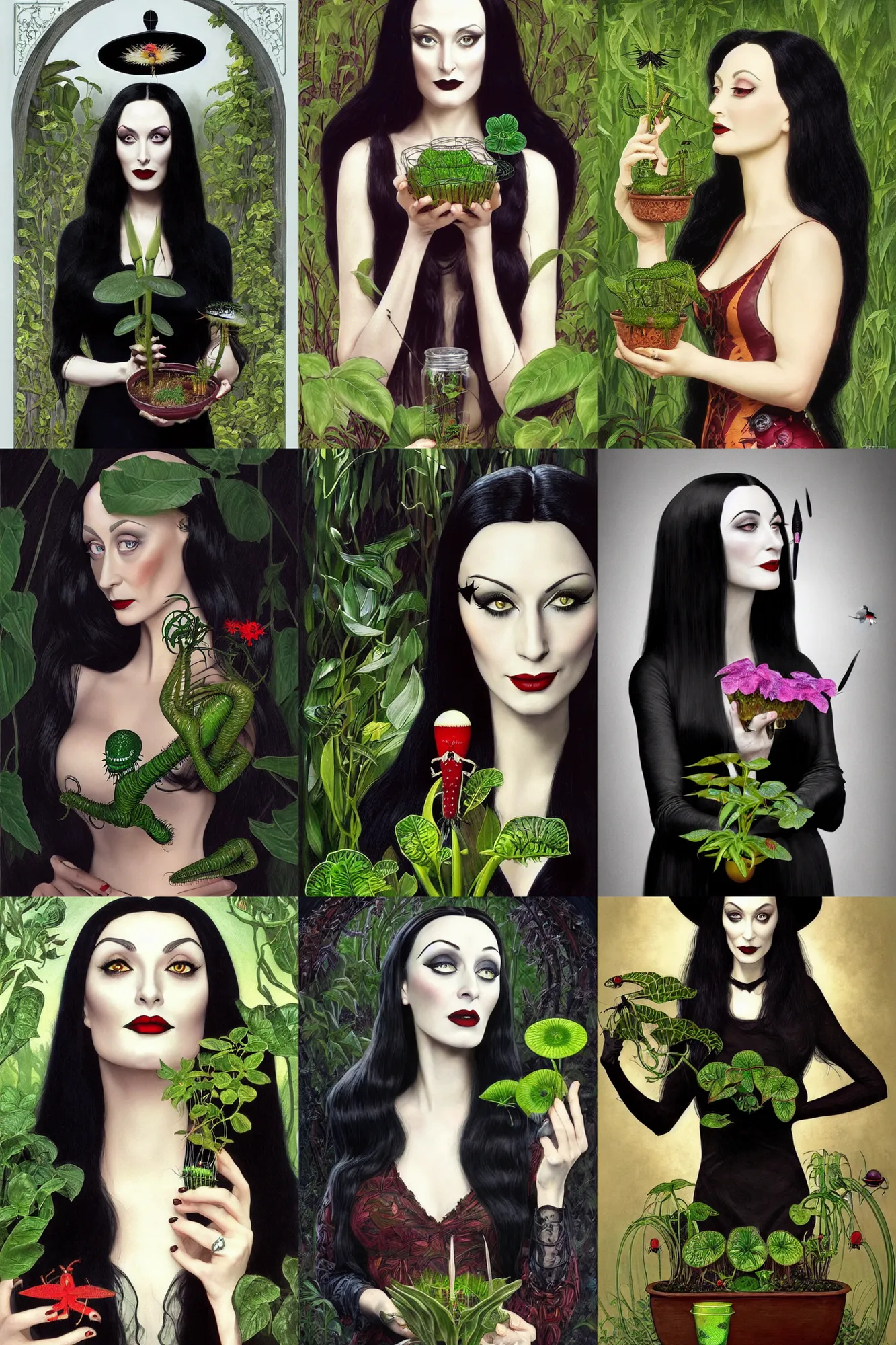 Prompt: beautiful cottagecore goth Morticia Addams from The Addams Family (1964) holding a potted venus flytrap plant, intricate, elegant, highly detailed, digital painting, artstation, concept art, smooth, sharp, focus, illustration, art by artgerm and greg rutkowski and alphonse mucha