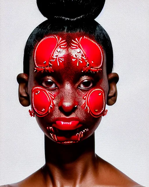 Image similar to symmetrical close - up portrait of a black woman wearing red silicone embroidered beauty mask and hair buns, wearing a black bodysuit by alexander mcqueen, cream white background, soft light, biotechnology, humanoide robot, bjork aesthetic, translucent, by rineke dijkstra, intricate details, highly detailed, masterpiece,