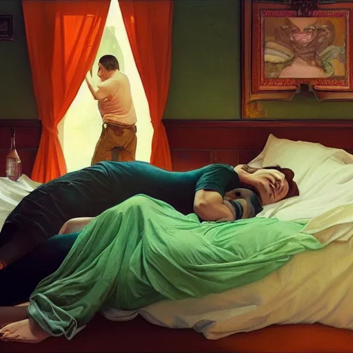 Image similar to guinness bottles and young man in orange shirt and a girl in green shirt sleeping in bed, highly detailed, digital painting, artstation, concept art, smooth, sharp focus, illustration, art by artgerm and greg rutkowski and alphonse mucha