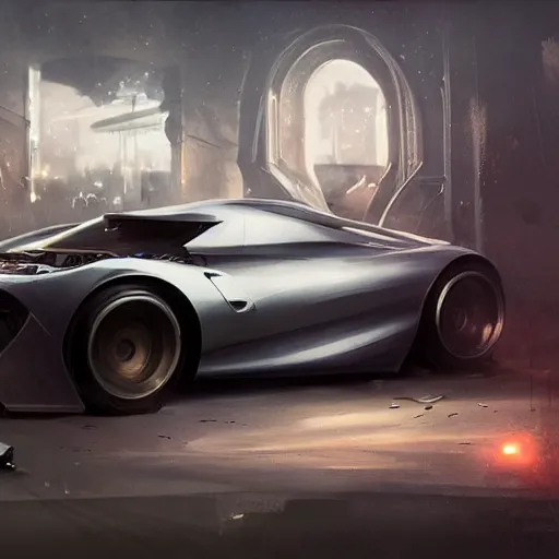 Image similar to full view of a car, elegant, digital painting, concept art, smooth, sharp focus, art style from Wang Ke and Greg Rutkowski and Bruce Kaiser and Scott Robertson and Dmitry Mazurkevich and Doruk Erdem and Jon Sibal, small style cue from Blade Runner and Minority Report and iRobots